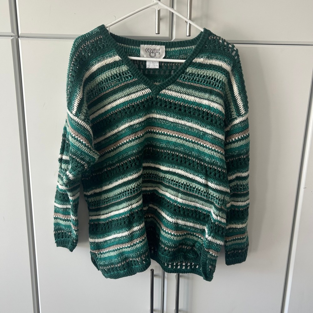 Cervelle Vintage Green Striped Crochet Knit V-Neck Sweater Ramie Cotton Large